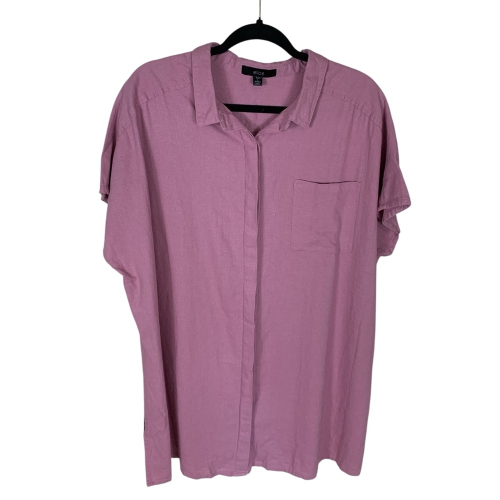 Women's Ellos Mauve Linen Blend Short Sleeve Button Front Tunic Top Size 18/20